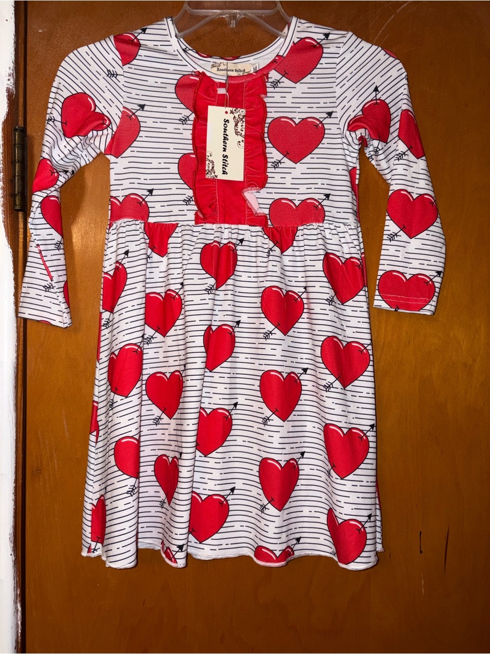 Girls' Heart Print Long Sleeve Dress - Red & White